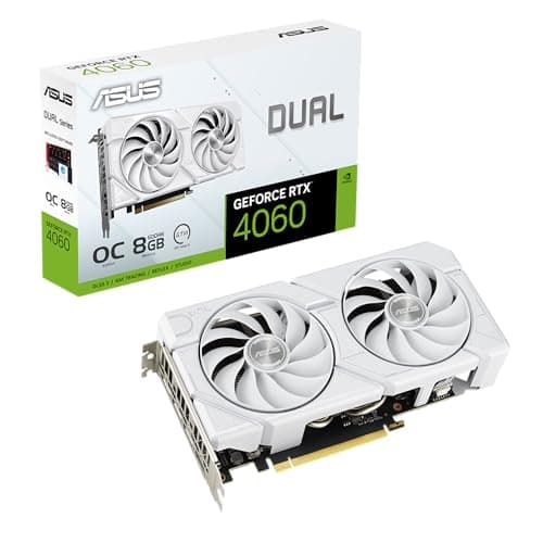 Imagen frontal de ASUS Dual GeForce RTX™ 4060 EVO White OC Edition 8GB GDDR6 (PCIe 4.0, 8GB GDDR6, DLSS 3, HDMI 2.1a, DisplayPort 1.4a, Diseño de Ventilador de tecnología axial, tecnología 0dB, BIOS duales, tecnología