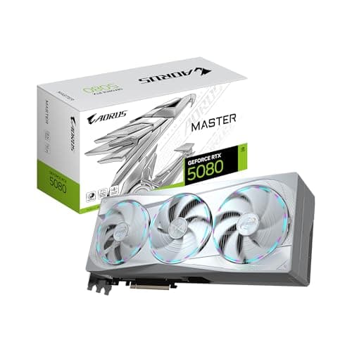 Imagen frontal de GIGABYTE Tarjeta gráfica AORUS GeForce RTX 5080 Master Ice 16G, Sistema de refrigeración WINDFORCE, GDDR7 de 16 GB de 256 bits, GV-N5080AORUSM ICE-16GD