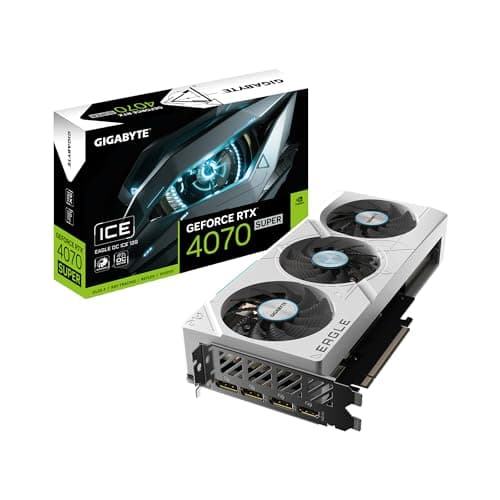 Imagen frontal de GIGABYTE Tarjeta gráfica GeForce RTX 4070 Super Eagle OC Ice 12G, 3 Ventiladores WINDFORCE, 12 GB 192 bits GDDR6X, GV-N407SEAGLEOC ICE-12GD
