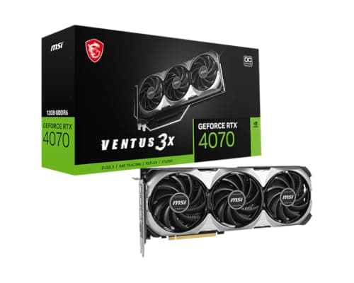 Imagen frontal de MSI Gaming GeForce RTX 4070 Ventus 3X E1 12G OC Tarjeta gráfica (Ada Lovelace Architecture, Extreme Clock: 2520 MHz, Velocidad de Memoria: 20 Gbps, 12 GB GDDR6, 192 bits, DP/HDMI)